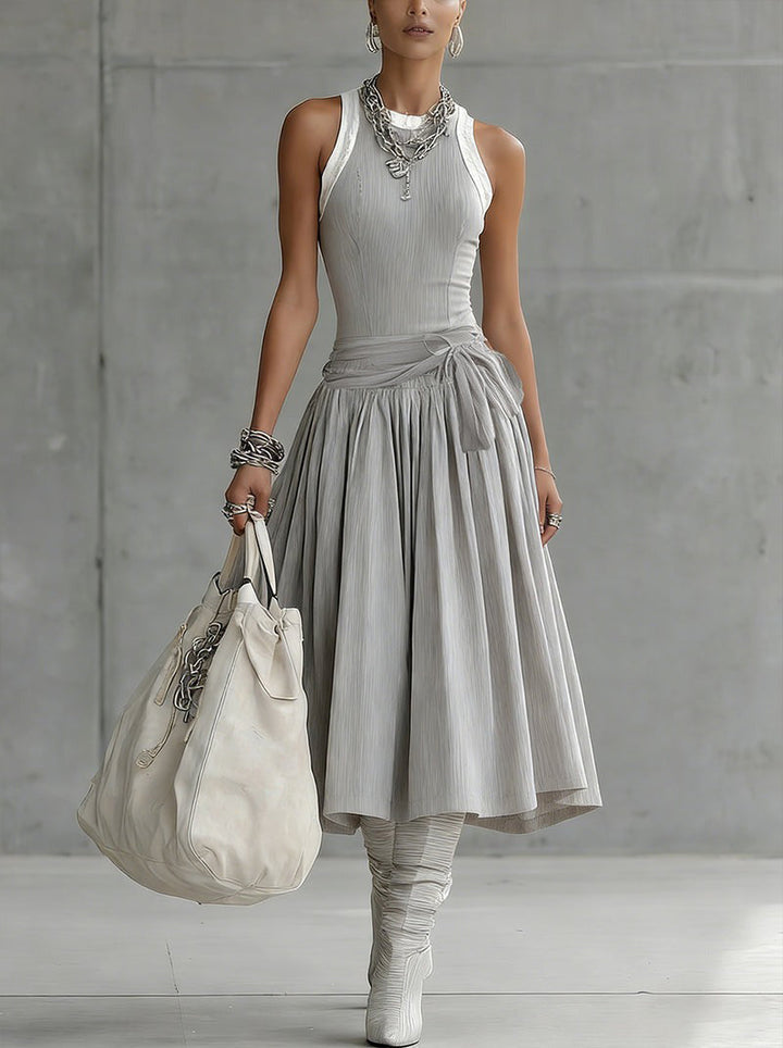 The Gray Ribbed Set — Sculpted Top &amp; Draped Midi Skirt