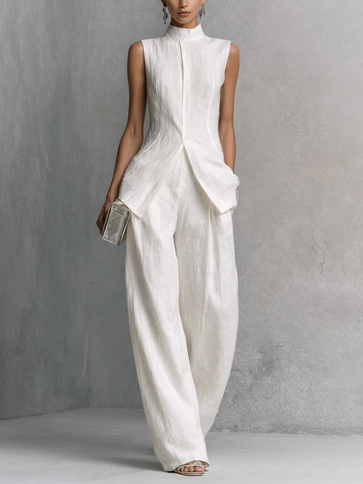 White Linen-Cotton Sleeveless Top &amp; Wide-Leg Pant Set