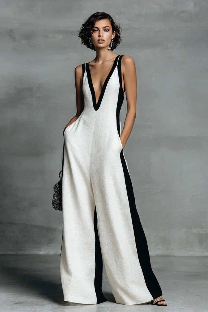 Black &amp; White Contrast Stripe Sleeveless Jumpsuit
