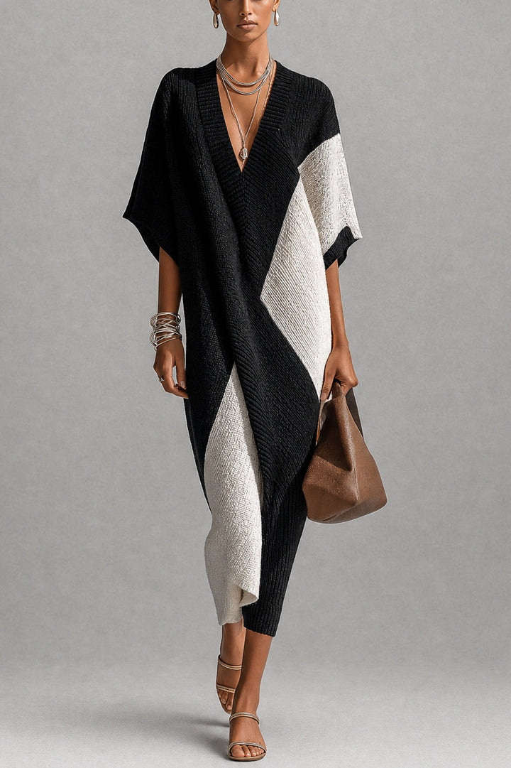 Abito maxi a poncho con blocchi di colore geometrici