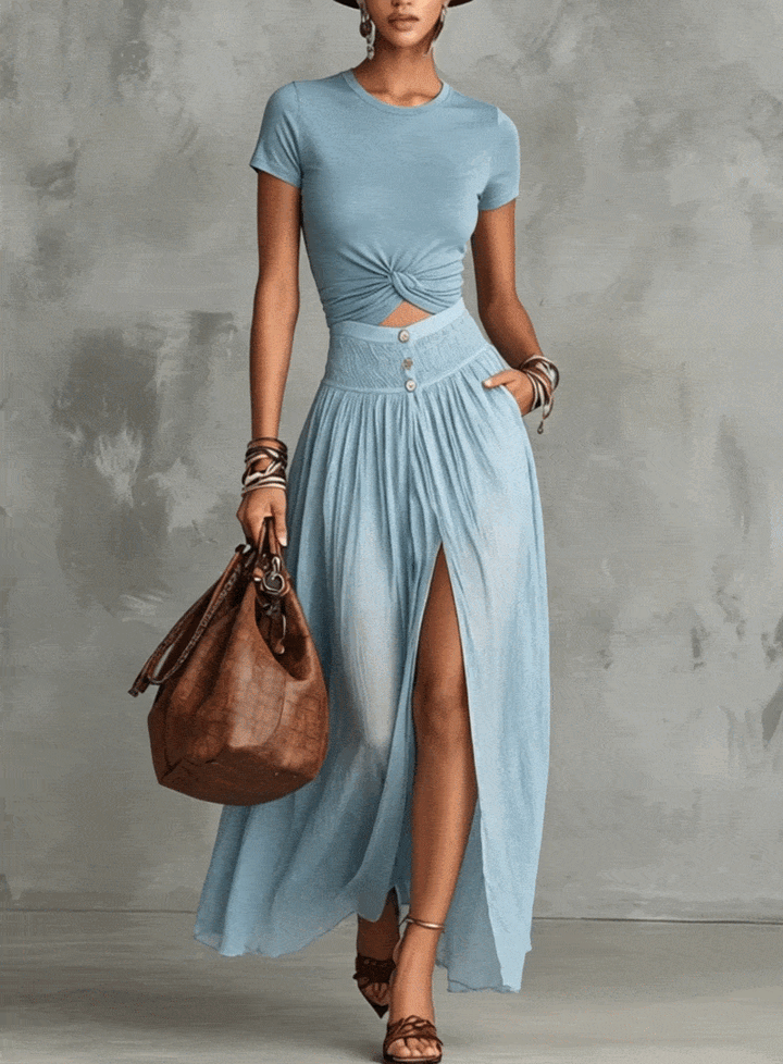 Sky Blue Knot Top &amp; Slit Skirt Set