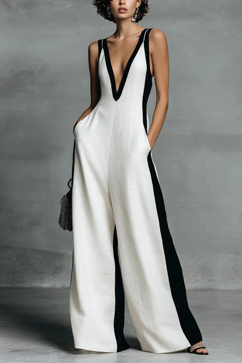 Black &amp; White Contrast Stripe Sleeveless Jumpsuit