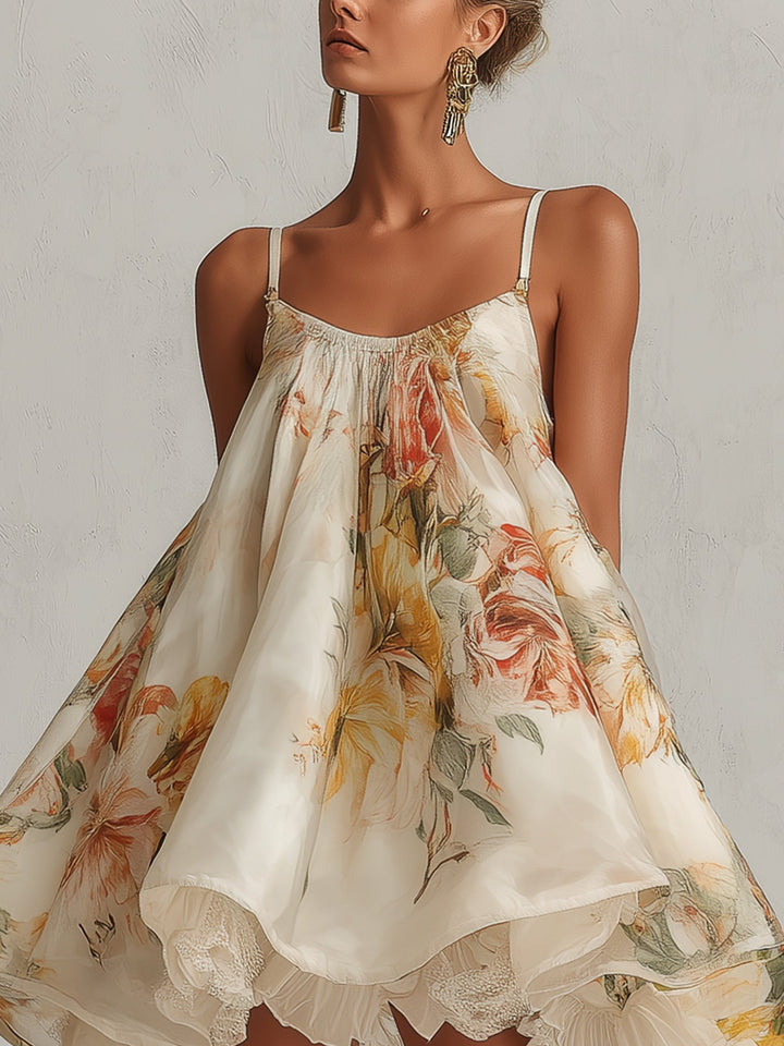 Beige Floral Organza Mini Dress