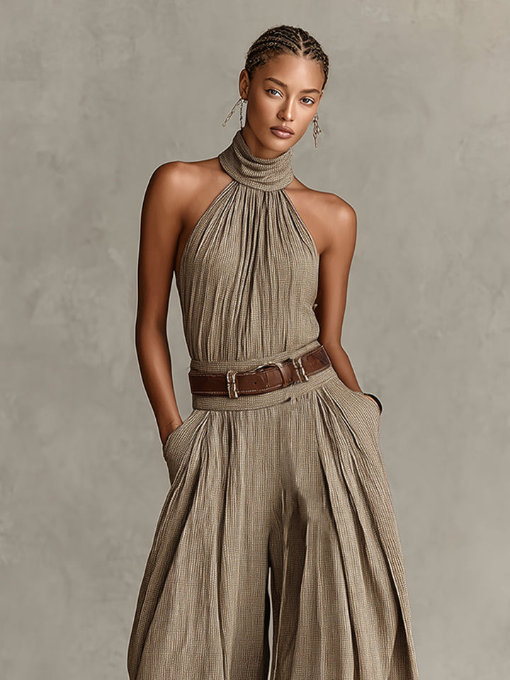Taupe Boho Halter Wide-Leg Jumpsuit(Without Belt)