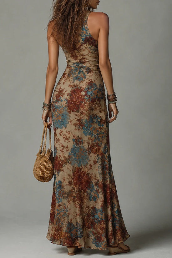 Abito maxi vintage con stampa floreale e arricciature