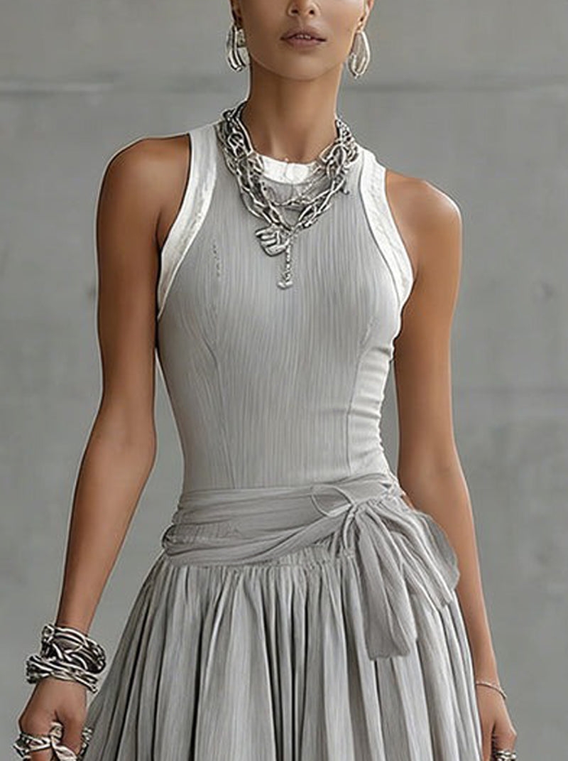 The Gray Ribbed Set — Sculpted Top &amp; Draped Midi Skirt