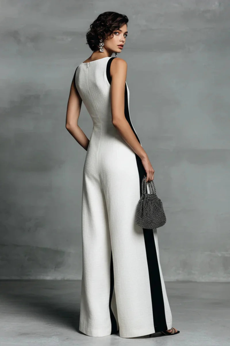 Black &amp; White Contrast Stripe Sleeveless Jumpsuit
