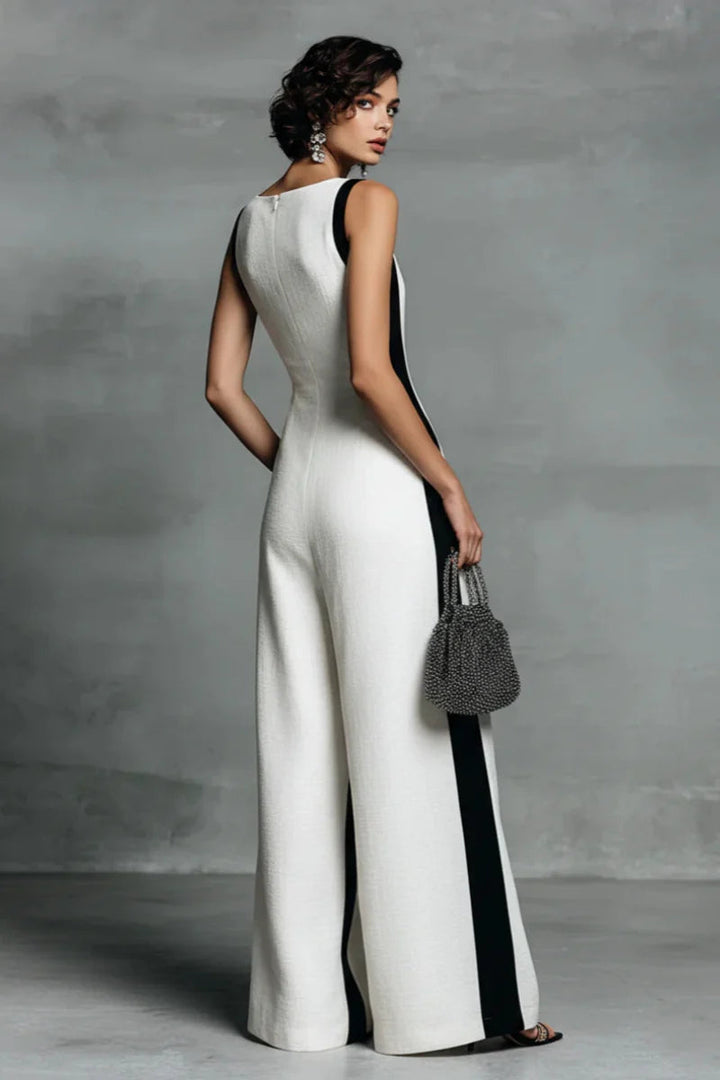 Black &amp; White Contrast Stripe Sleeveless Jumpsuit