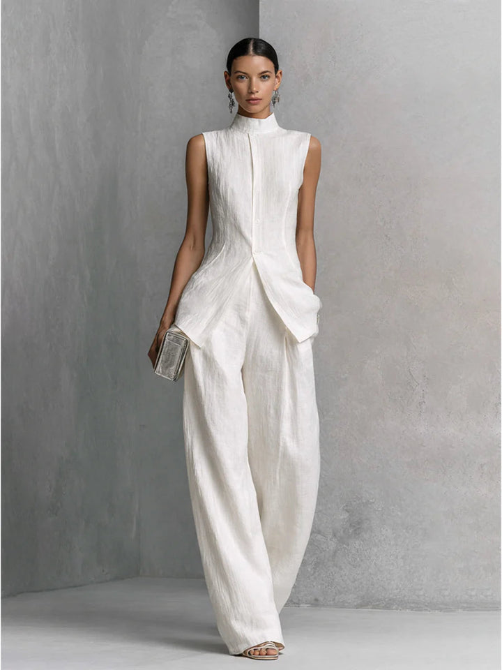 White Linen-Cotton Sleeveless Top &amp; Wide-Leg Pant Set
