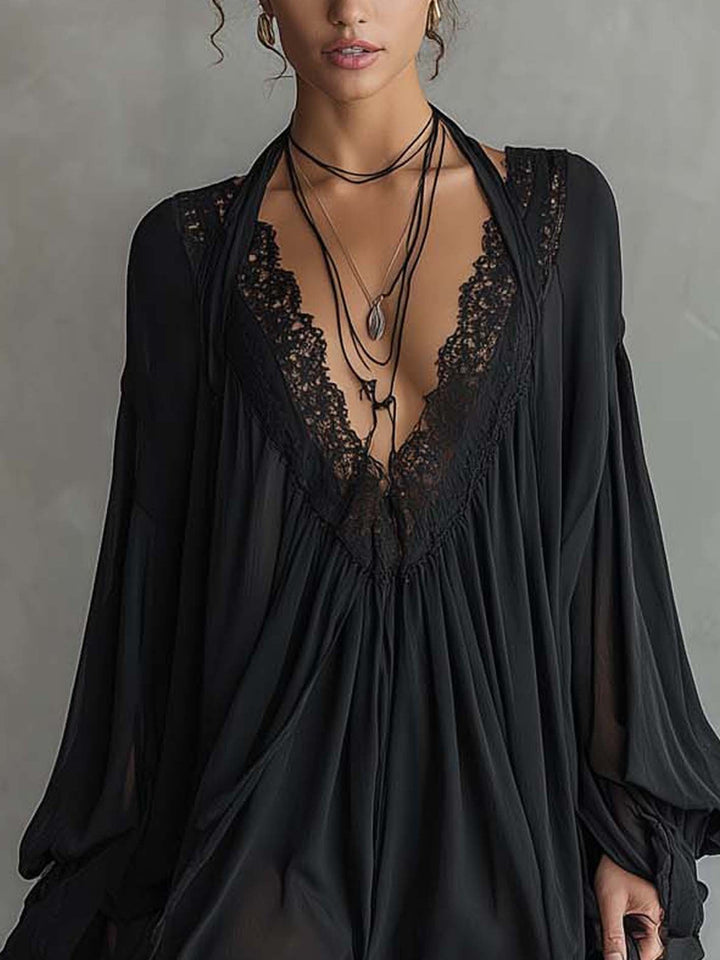 Black Lace Open-Back Mini Dress