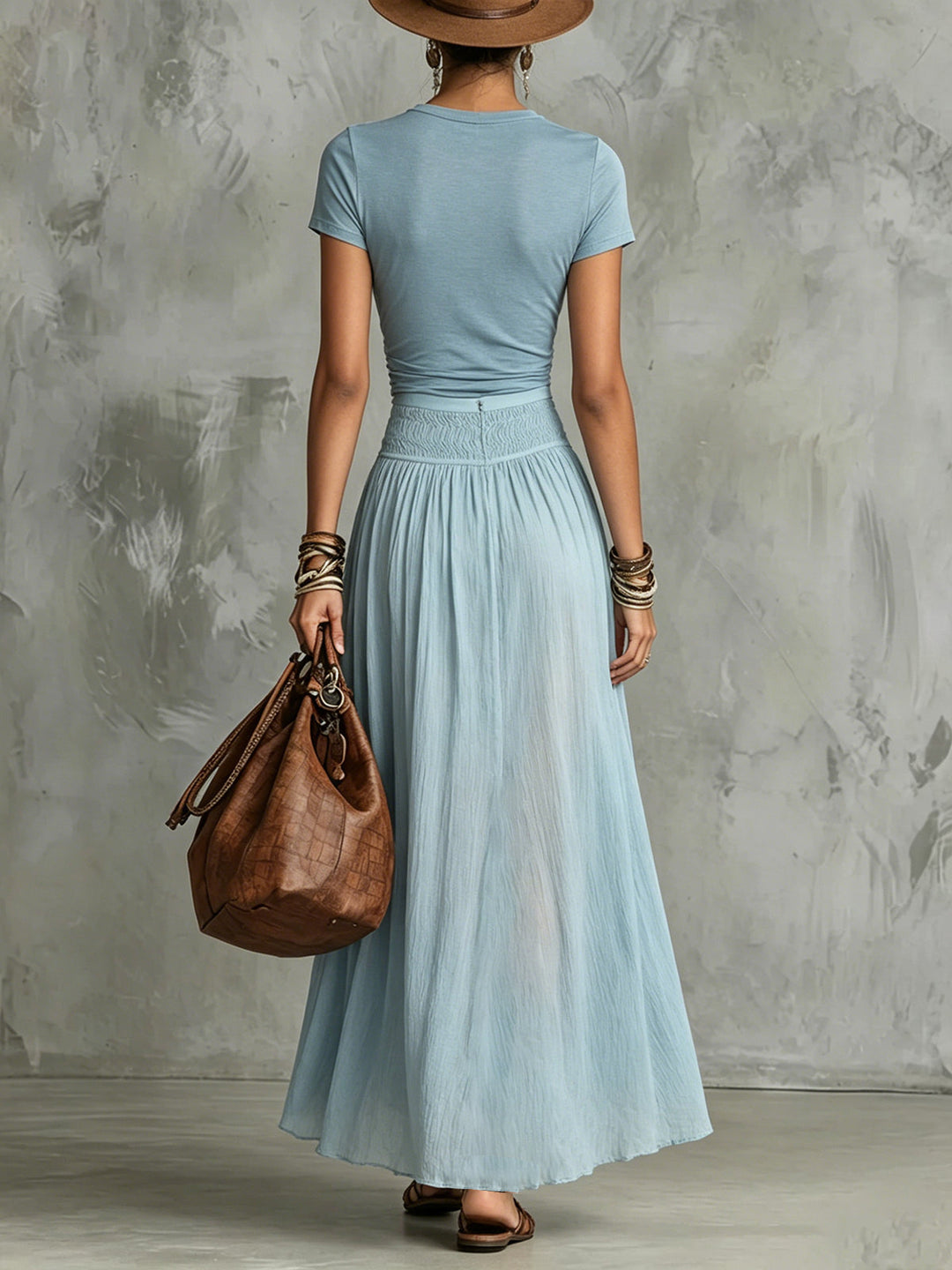 Sky Blue Knot Top &amp; Slit Skirt Set