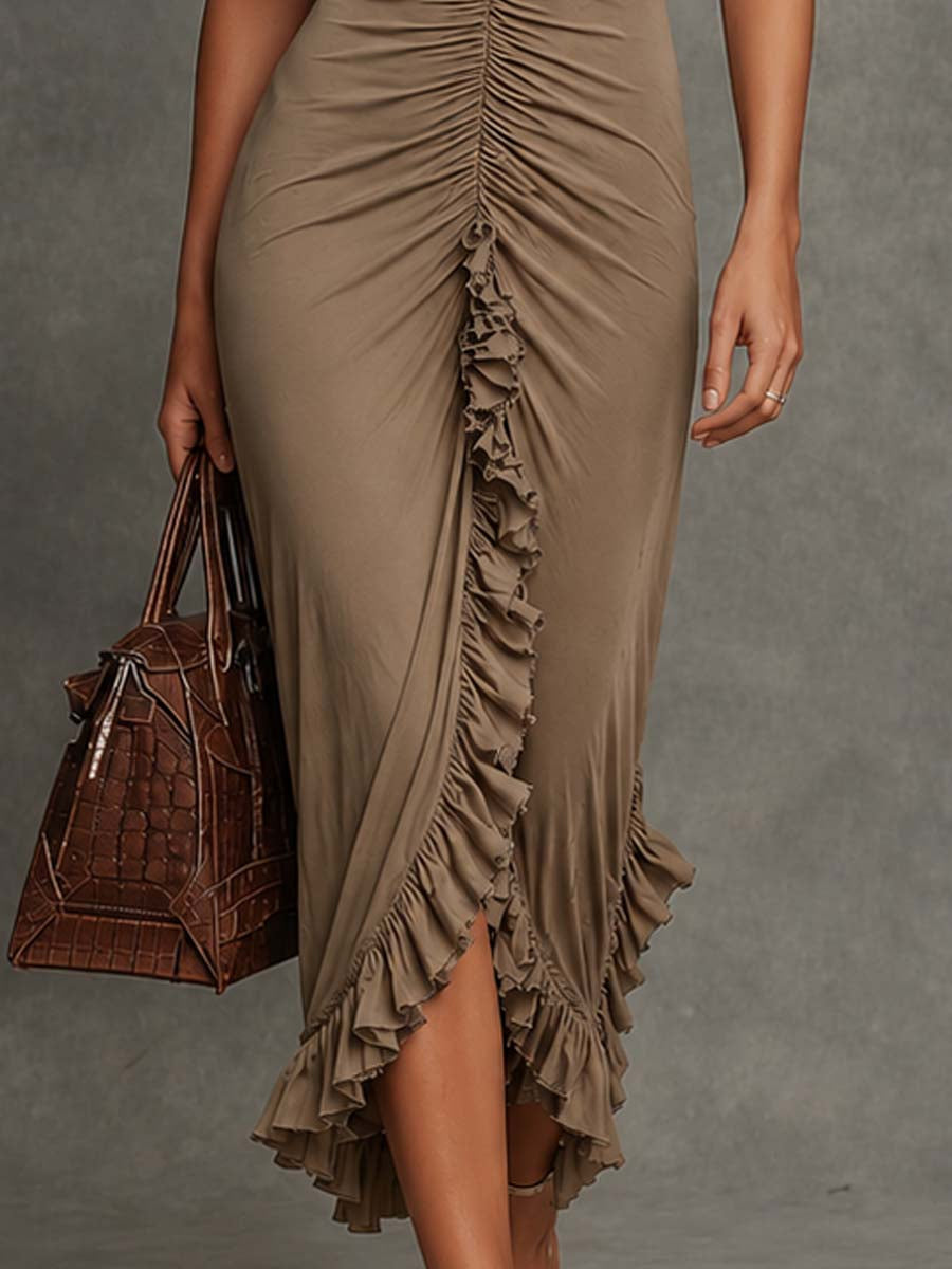 Romantic Ruched Split Midi Dress