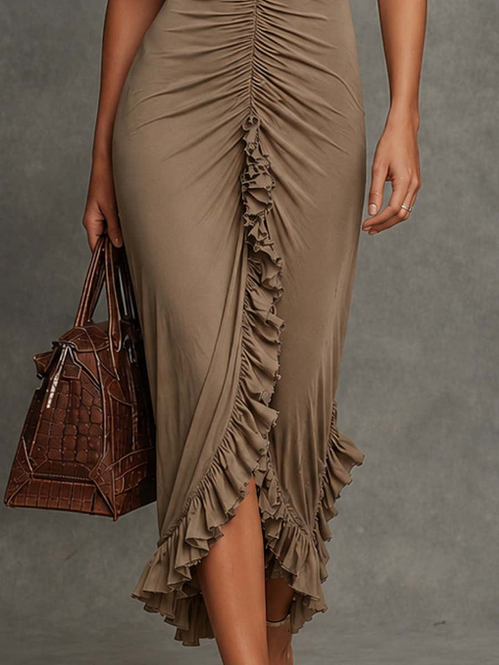 Romantic Ruched Split Midi Dress