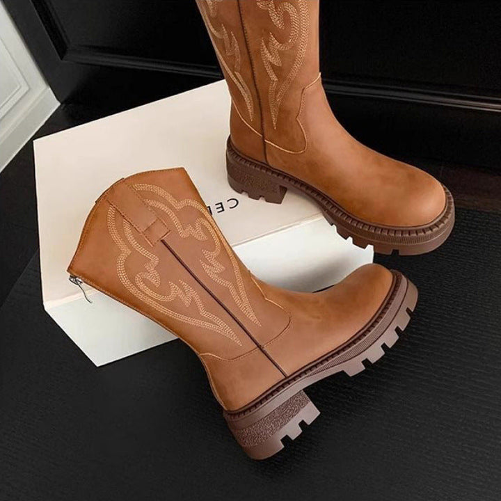 Retro soft leather thick-soled versatile mid-calf boots star_border