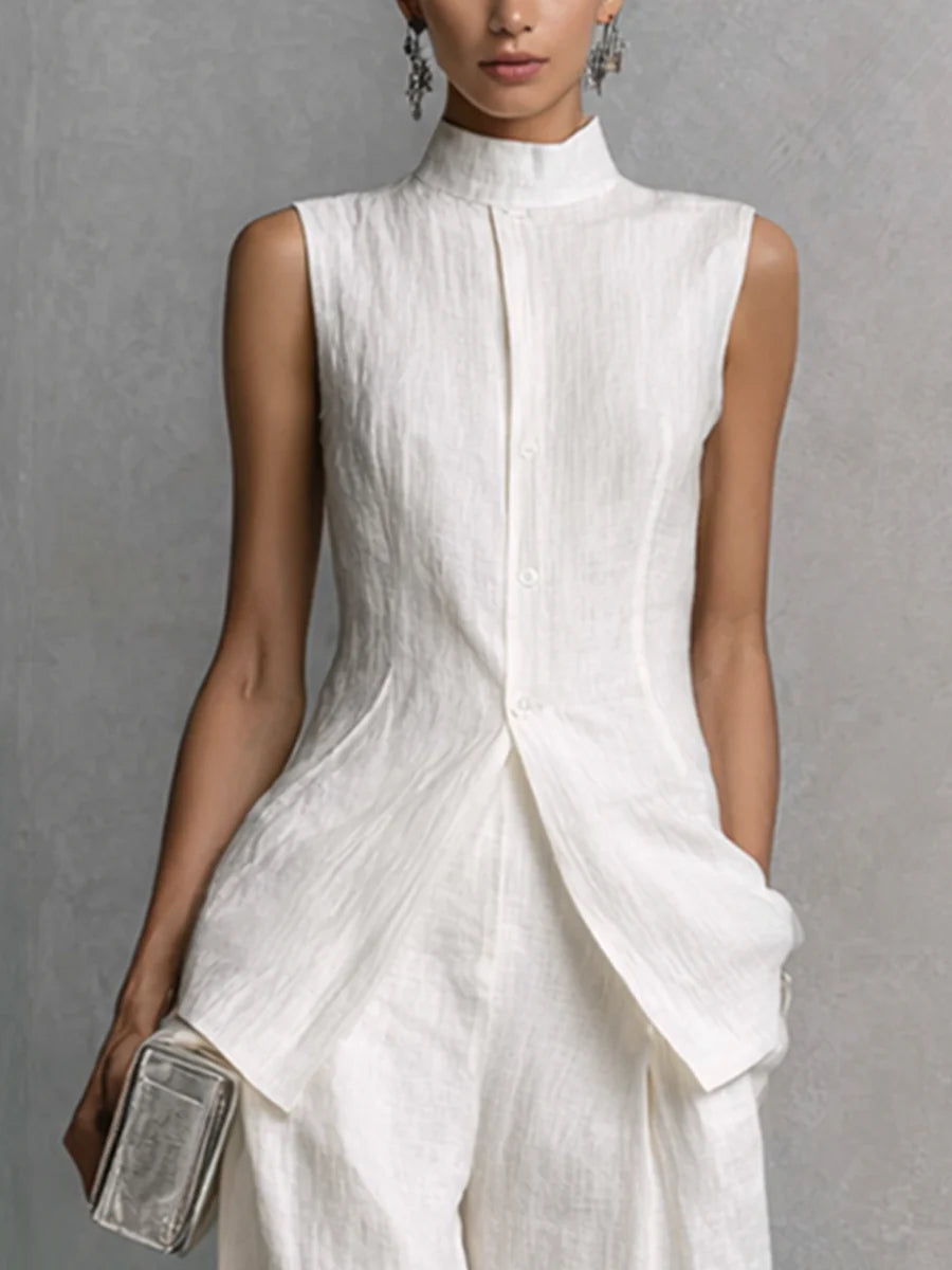 White Linen-Cotton Sleeveless Top &amp; Wide-Leg Pant Set
