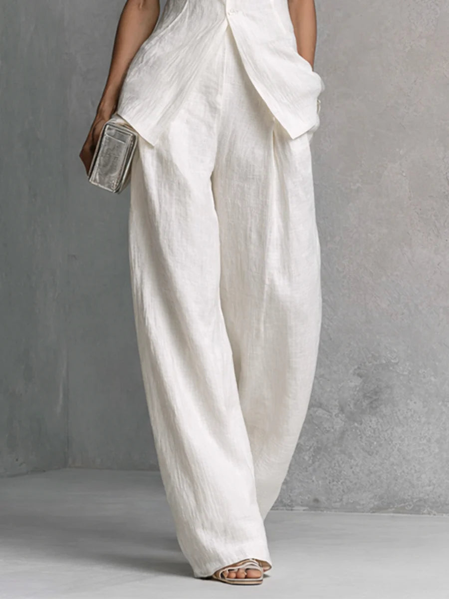 White Linen-Cotton Sleeveless Top &amp; Wide-Leg Pant Set
