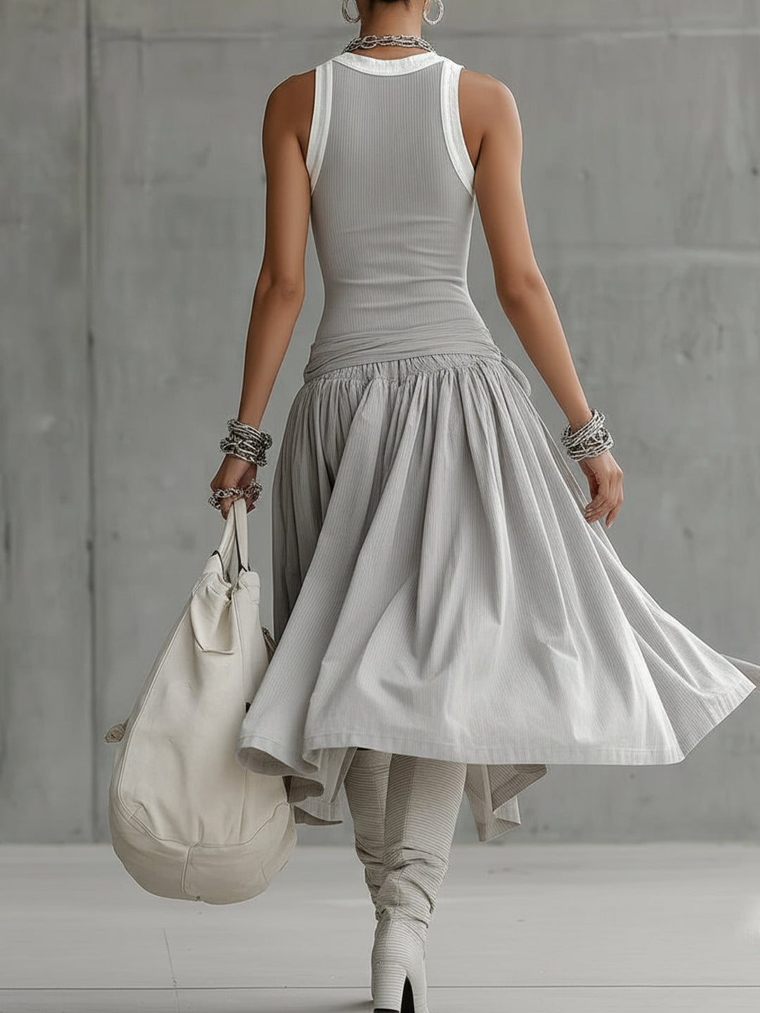 The Gray Ribbed Set — Sculpted Top &amp; Draped Midi Skirt