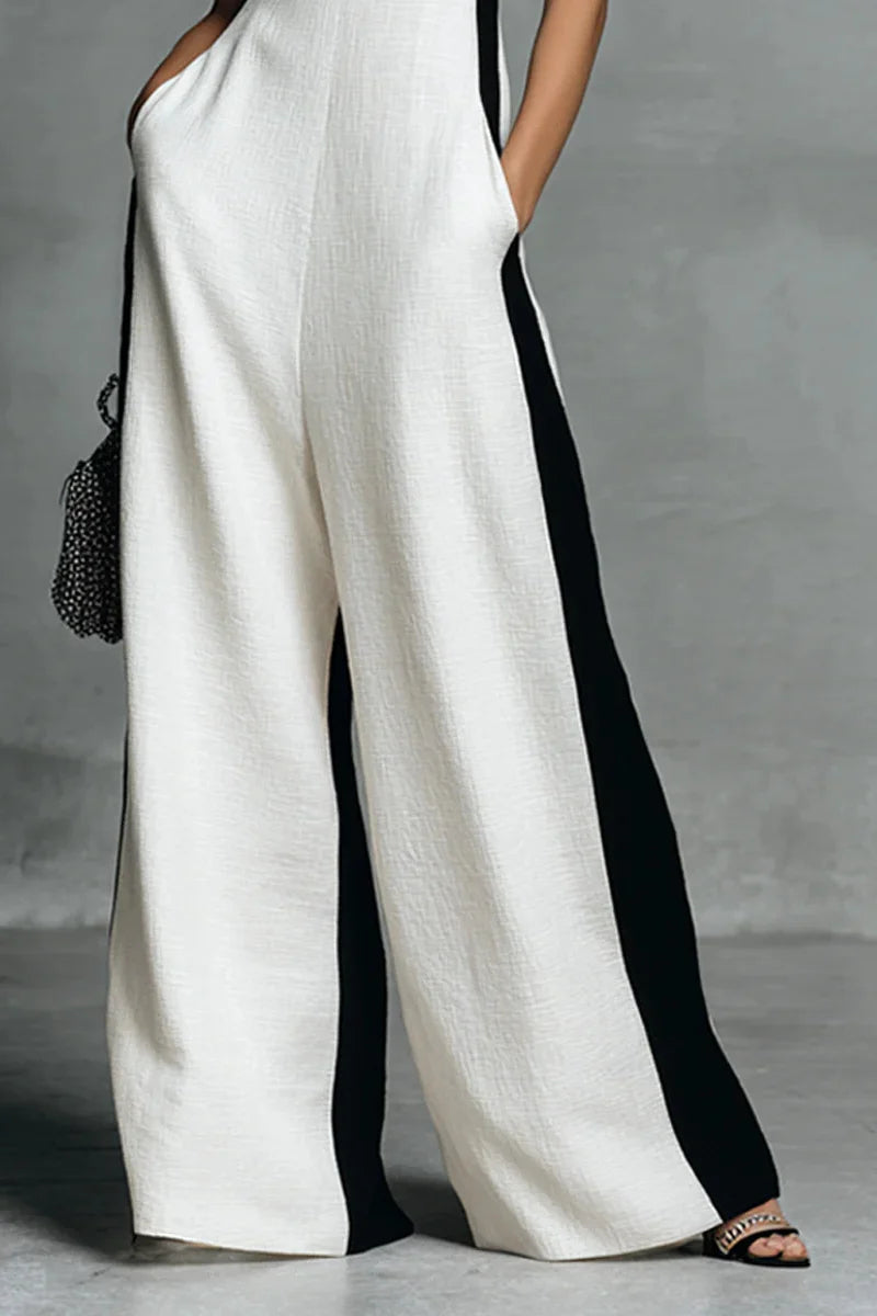 Black &amp; White Contrast Stripe Sleeveless Jumpsuit