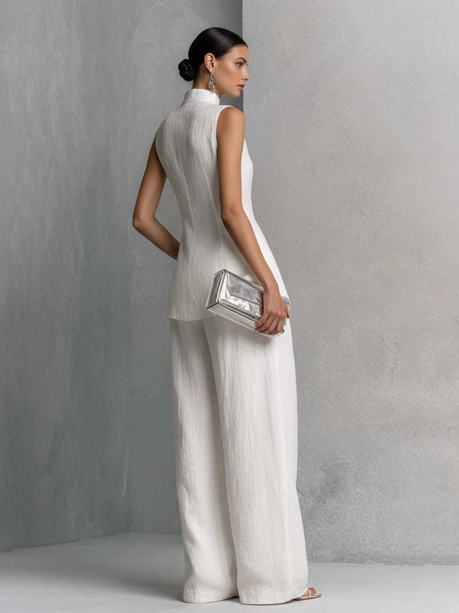 White Linen-Cotton Sleeveless Top &amp; Wide-Leg Pant Set