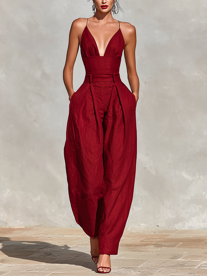 Spaghetti Straps &amp; High-Waisted Pleated Jumpsuit