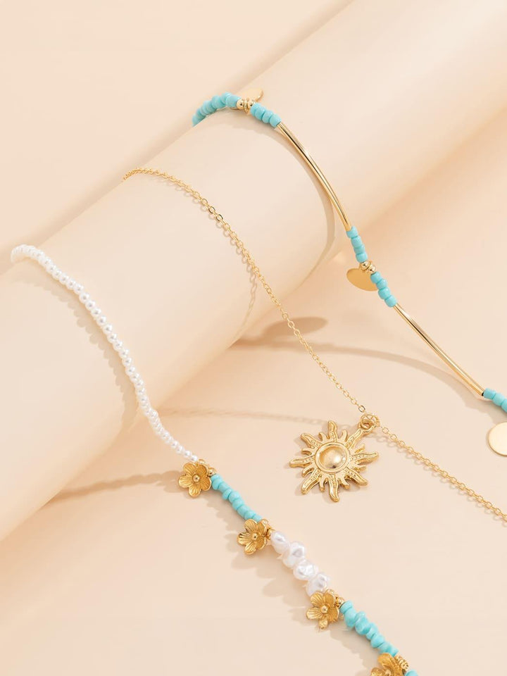 3pcs Sun &amp; Floral Faux Pearl Beaded Necklace