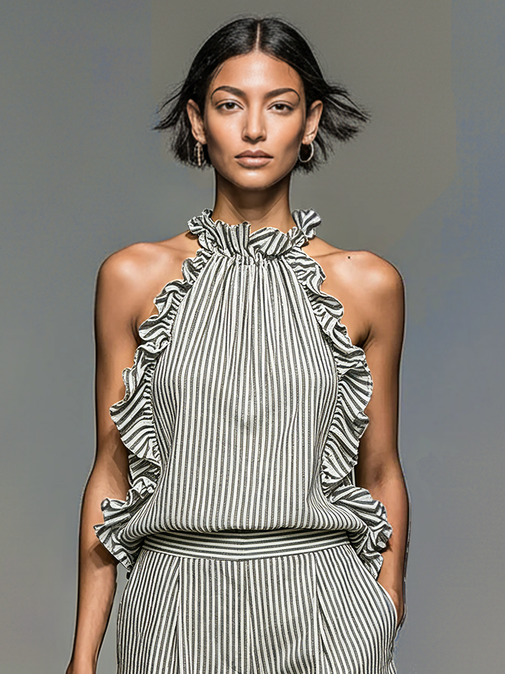 Minimalist Striped Sleeveless Ruffled Blouse And Shorts Set