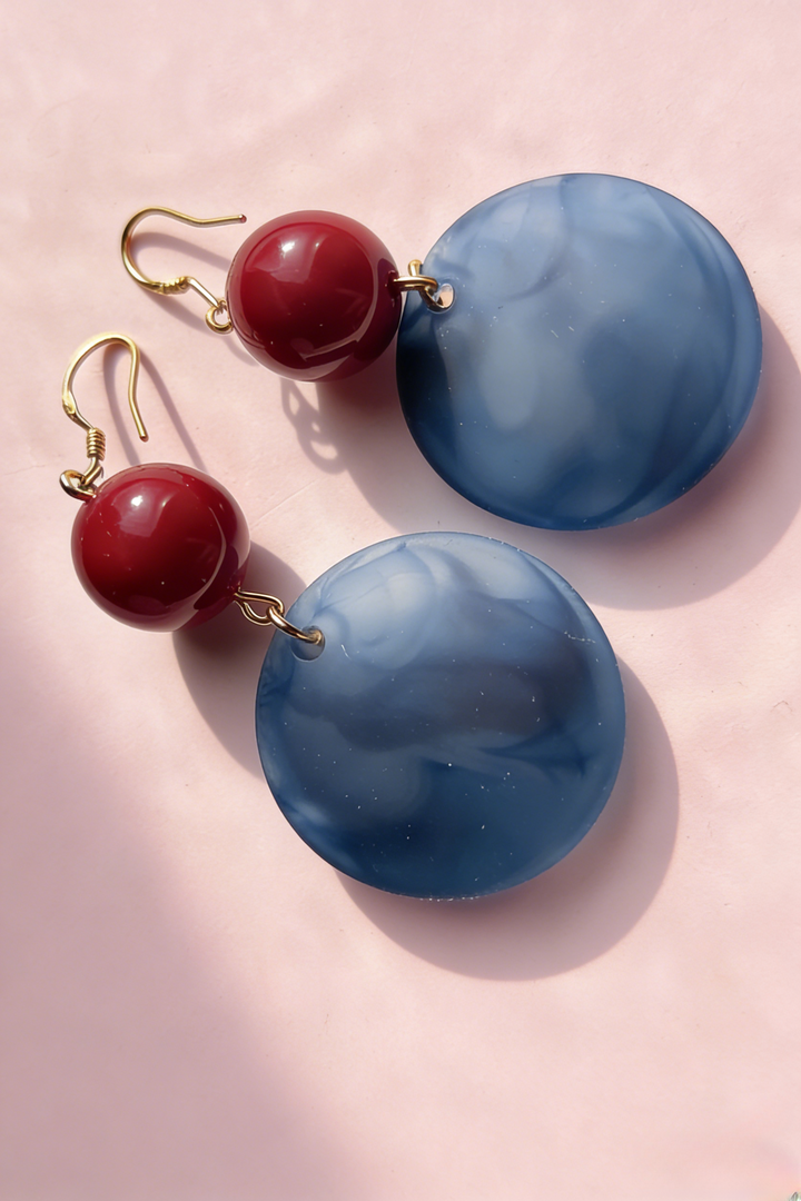 Vintage Red &amp; Blue Cloudy Round Disc Earrings