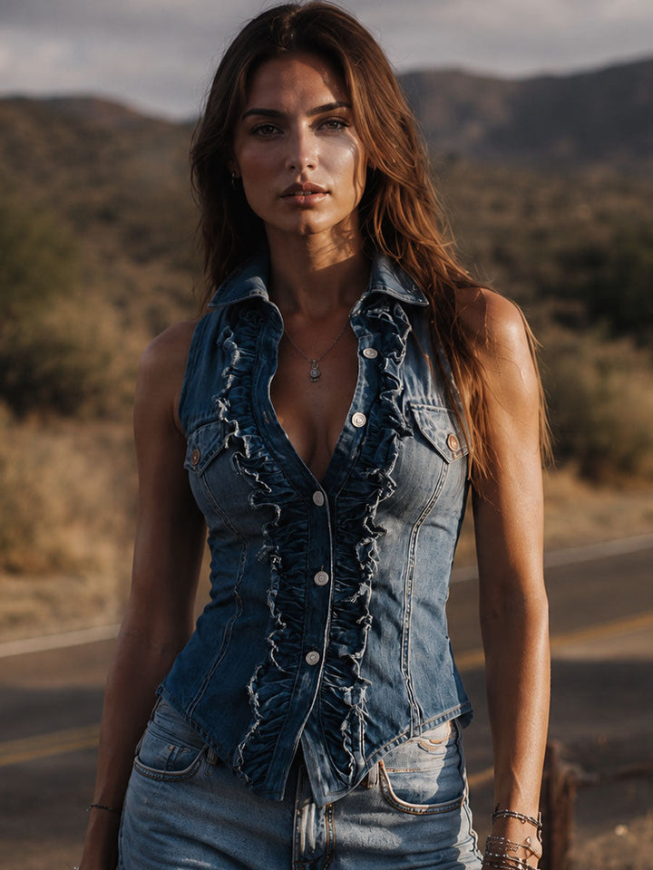 Vintage Ruffle Button Front Vest