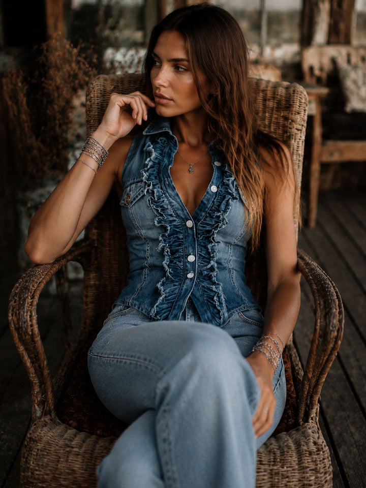 Vintage Ruffle Button Front Vest