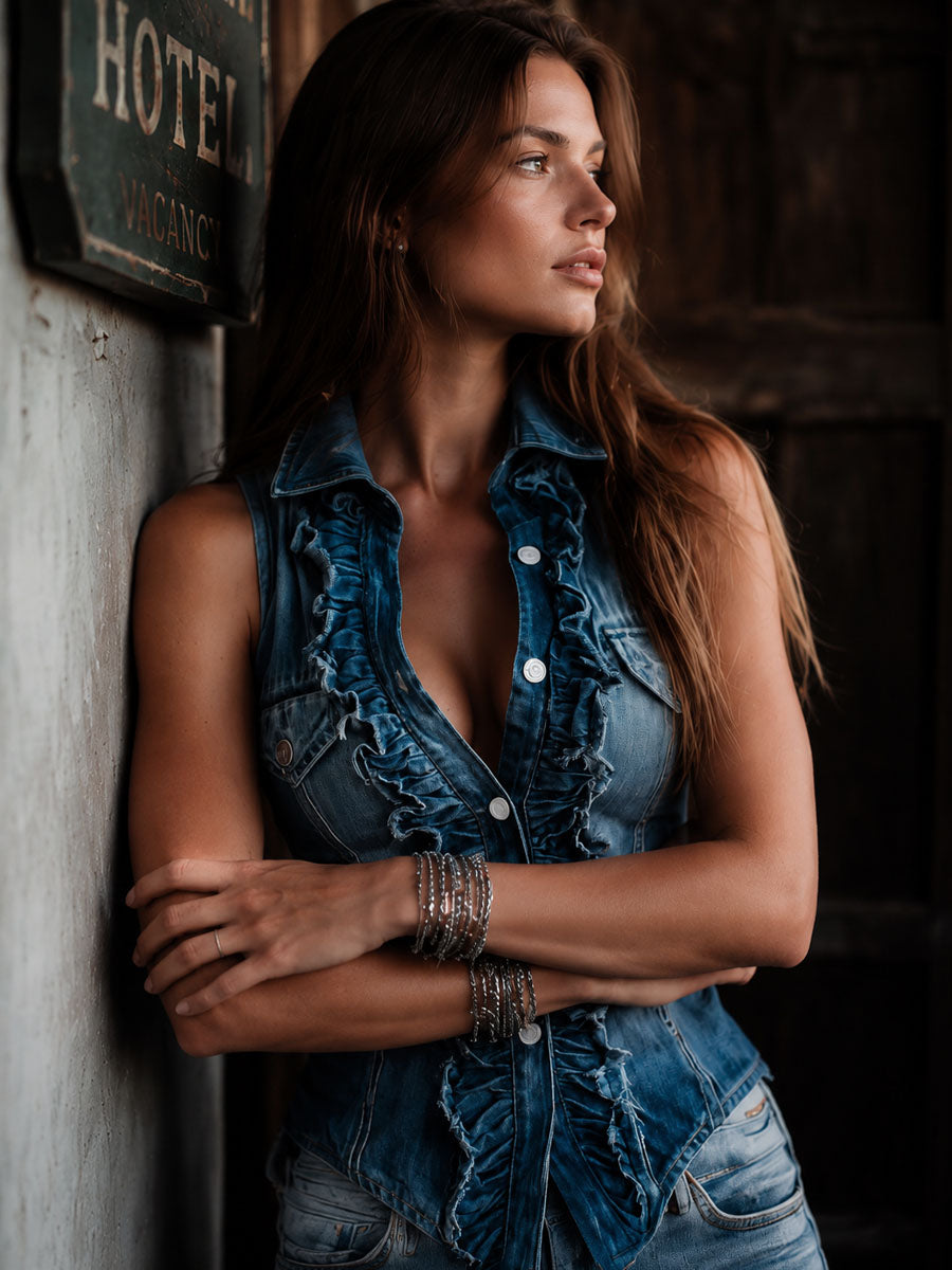 Vintage Ruffle Button Front Vest