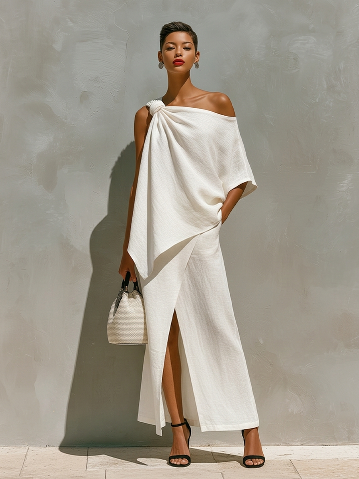 One-Shoulder Knot Detail &amp; Front Slit Skirt Set