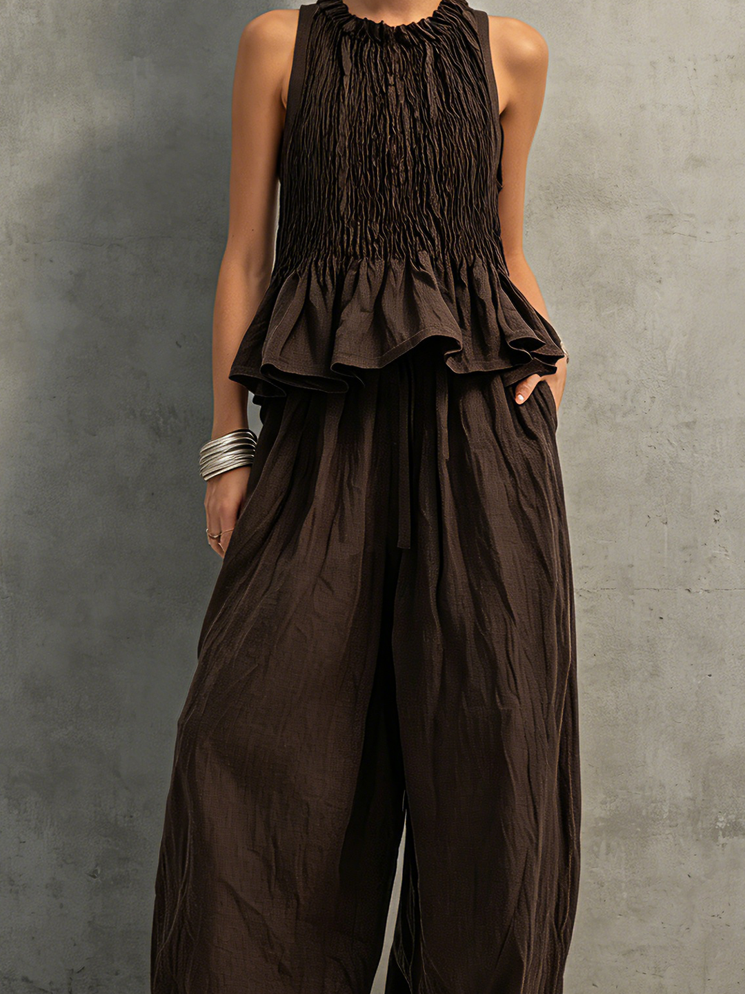 Dark Brown Cotton-Linen Sleeveless Top &amp; Trousers Set