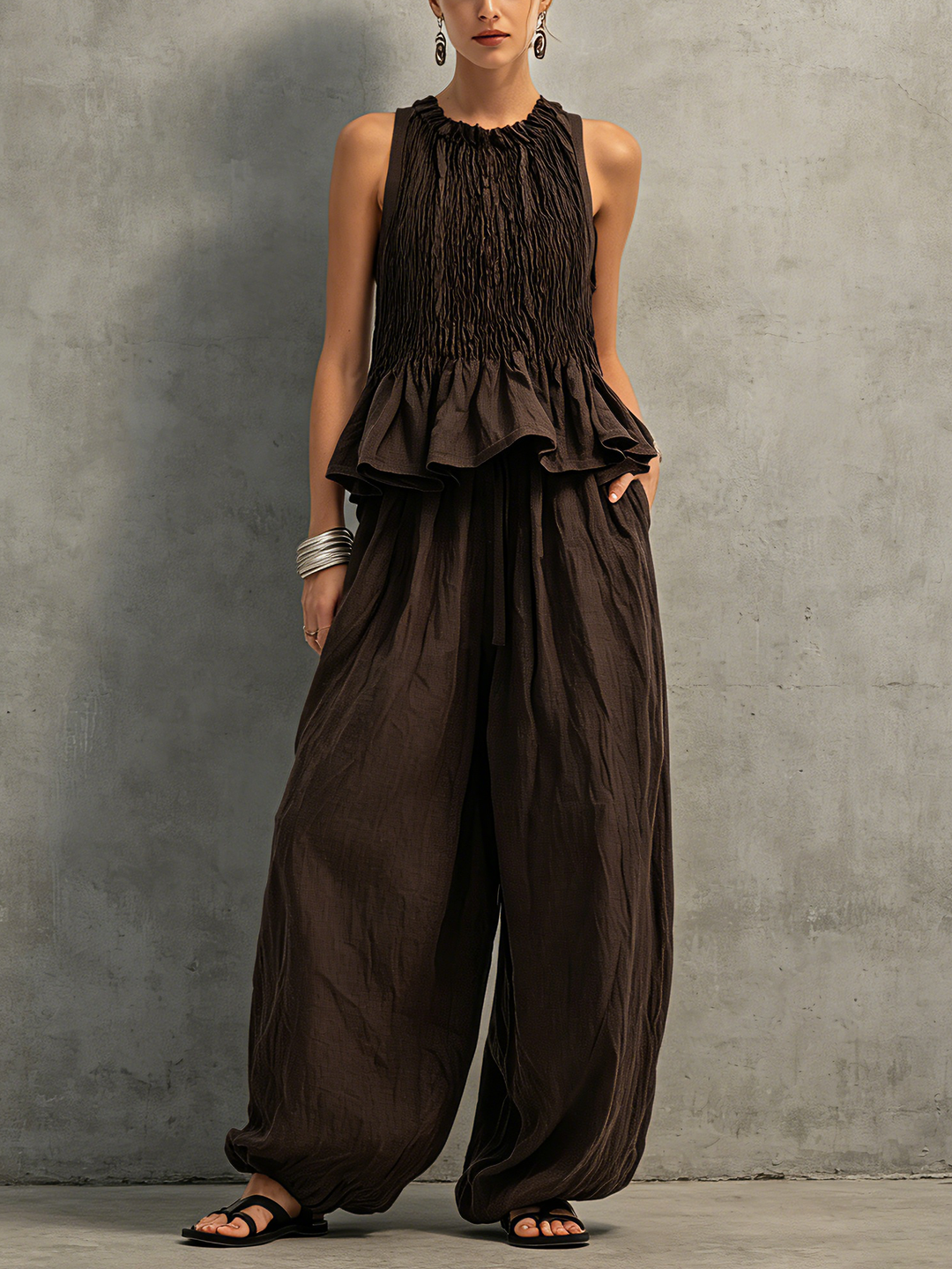 Dark Brown Cotton-Linen Sleeveless Top &amp; Trousers Set