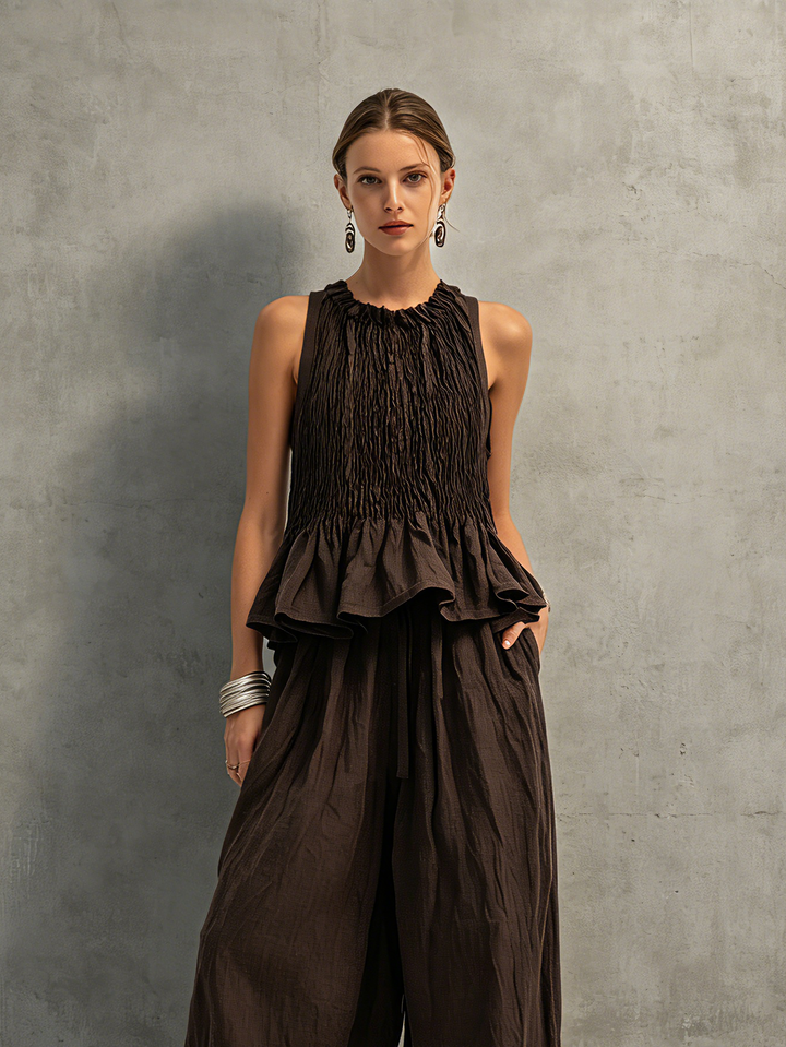 Dark Brown Cotton-Linen Sleeveless Top &amp; Trousers Set
