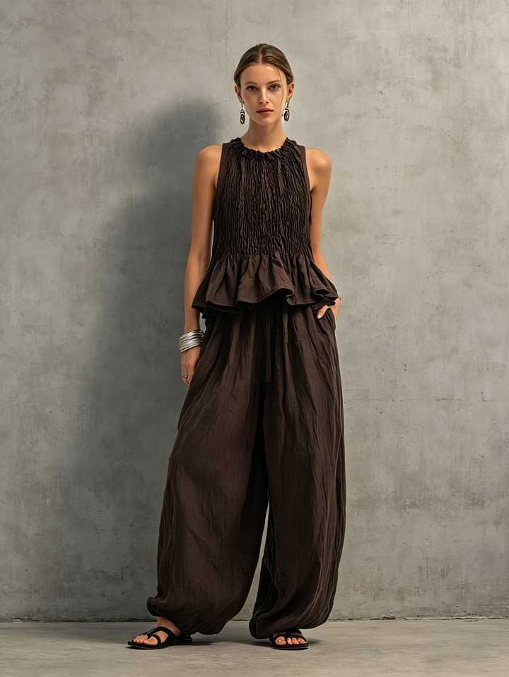 Dark Brown Cotton-Linen Sleeveless Top &amp; Trousers Set