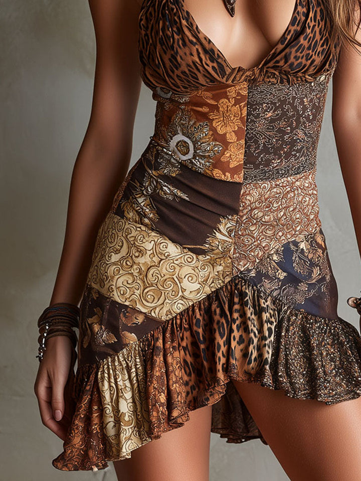 Leopard Baroque Halter Mini Dress