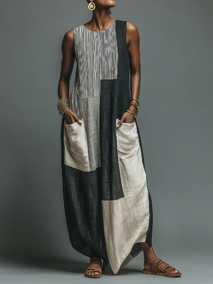 Resort Casual Style Linen-Blend Patchwork Sleeveless Maxi Dress