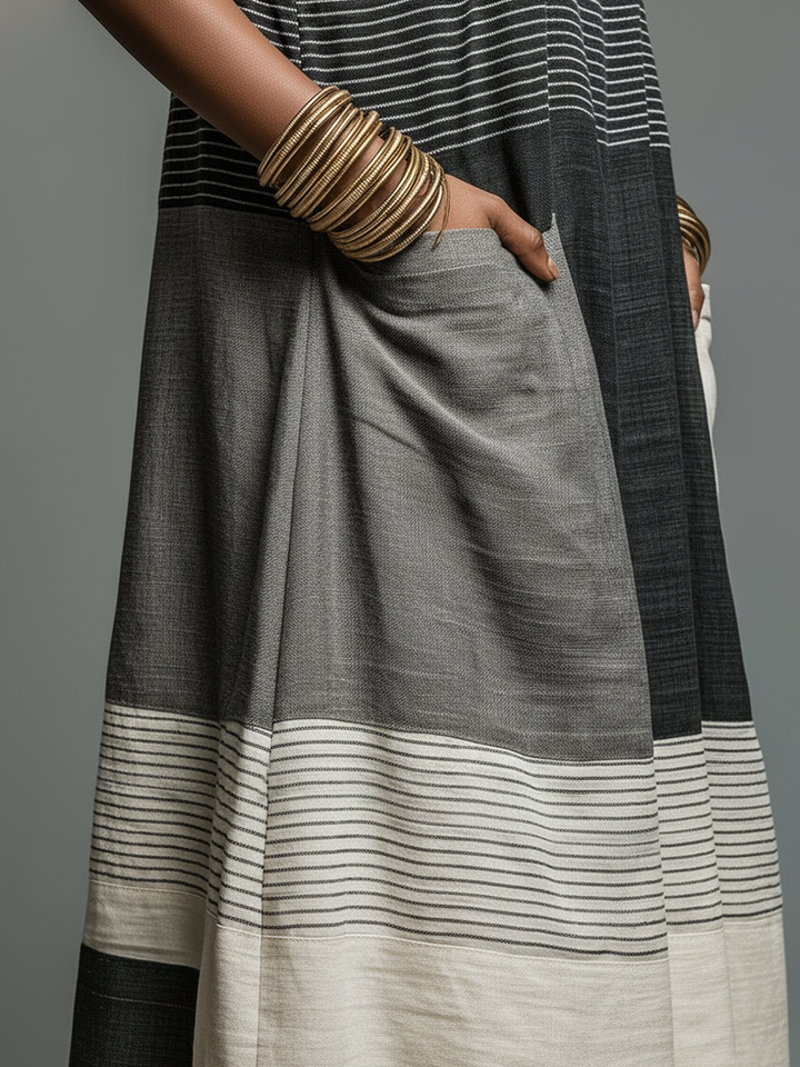 Linen-Blend Color Block Striped Sleeveless Maxi Dress With Pockets