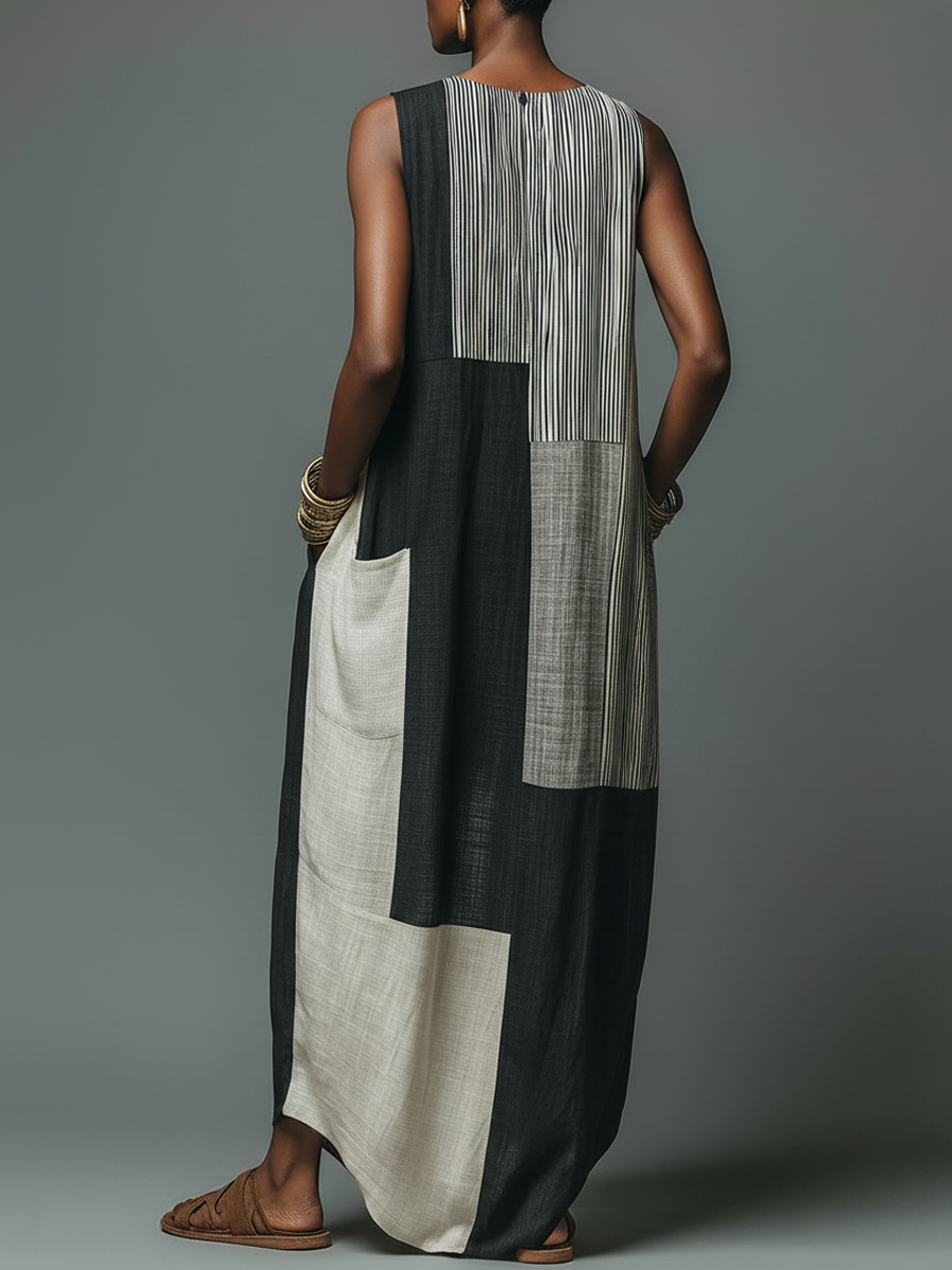 Resort Casual Style Linen-Blend Patchwork Sleeveless Maxi Dress