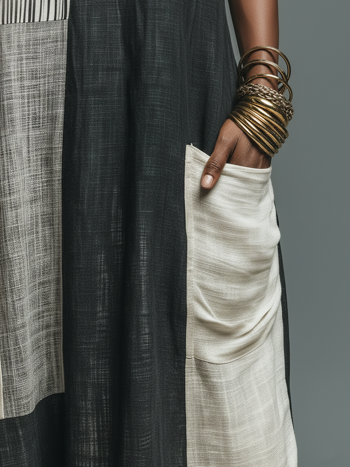 Resort Casual Style Linen-Blend Patchwork Sleeveless Maxi Dress