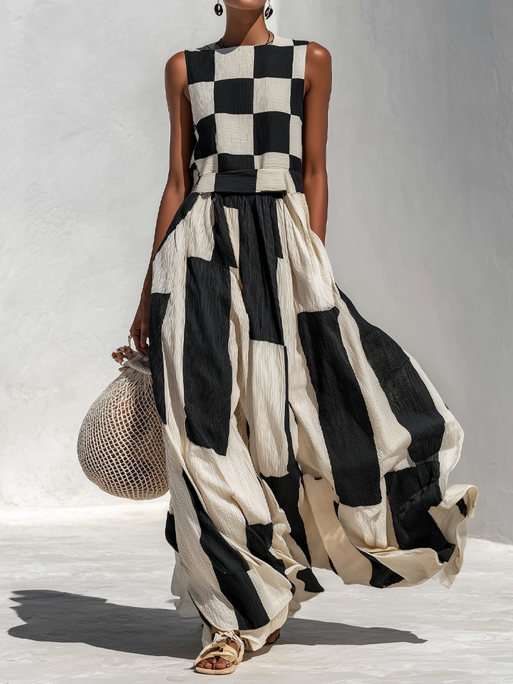 Casual &amp; Stylish Cotton-Linen Blend With Plaid And Stripe Paneling Sleeveless Maxi Dress