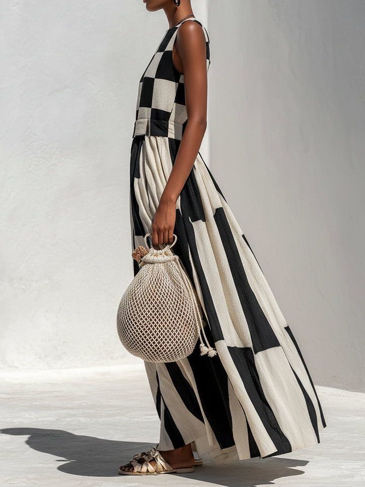 Casual &amp; Stylish Cotton-Linen Blend With Plaid And Stripe Paneling Sleeveless Maxi Dress