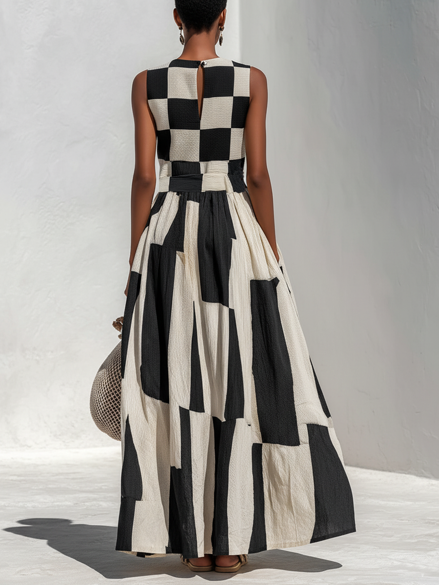 Casual &amp; Stylish Cotton-Linen Blend With Plaid And Stripe Paneling Sleeveless Maxi Dress