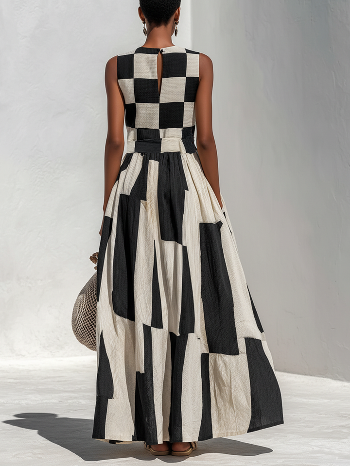 Casual &amp; Stylish Cotton-Linen Blend With Plaid And Stripe Paneling Sleeveless Maxi Dress