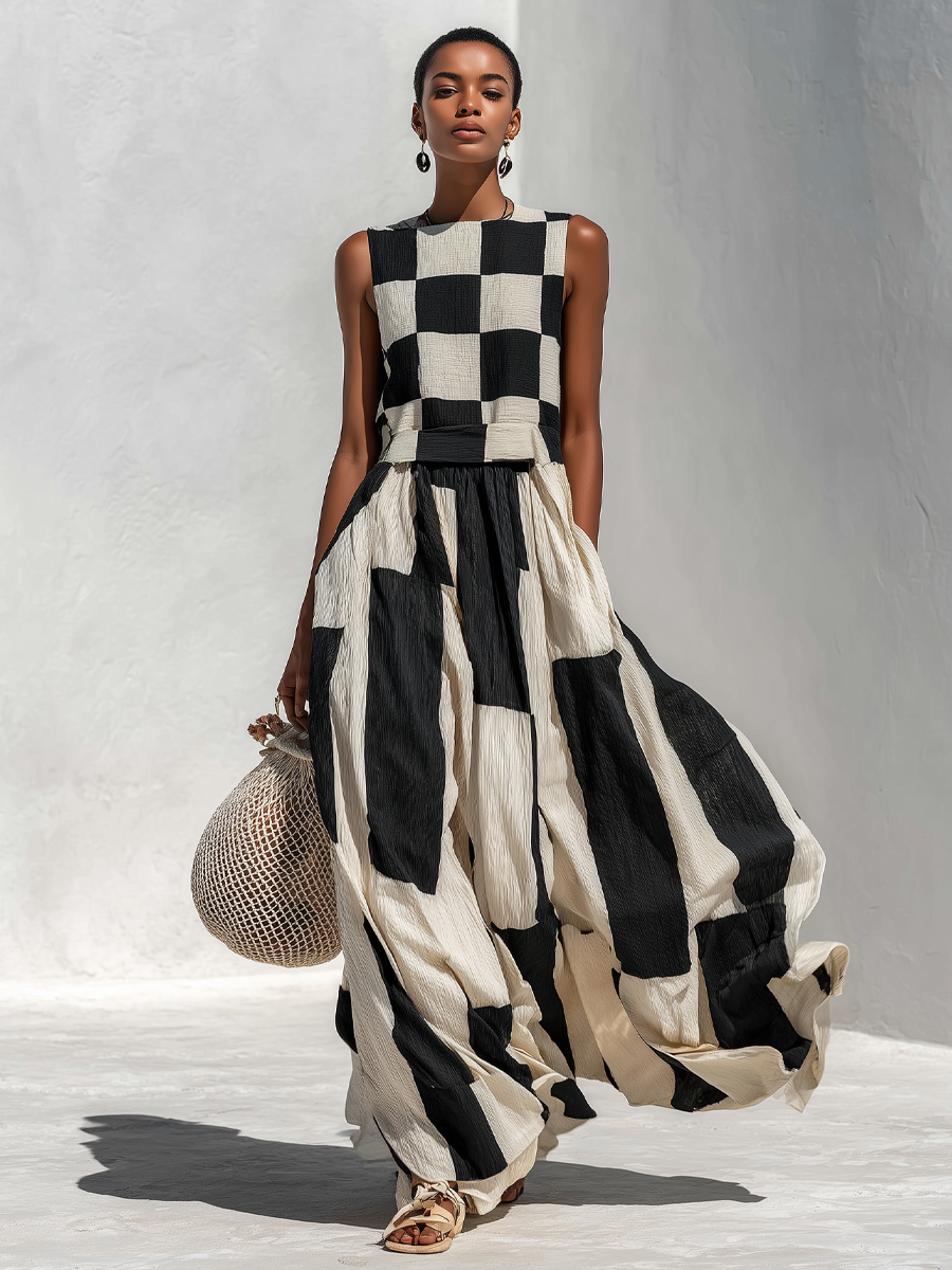 Casual &amp; Stylish Cotton-Linen Blend With Plaid And Stripe Paneling Sleeveless Maxi Dress