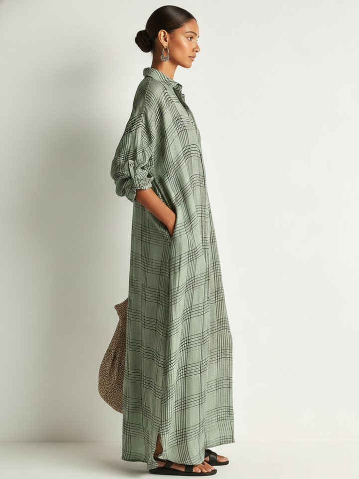 Plaid Cotton-Linen Shirt Midi Dress