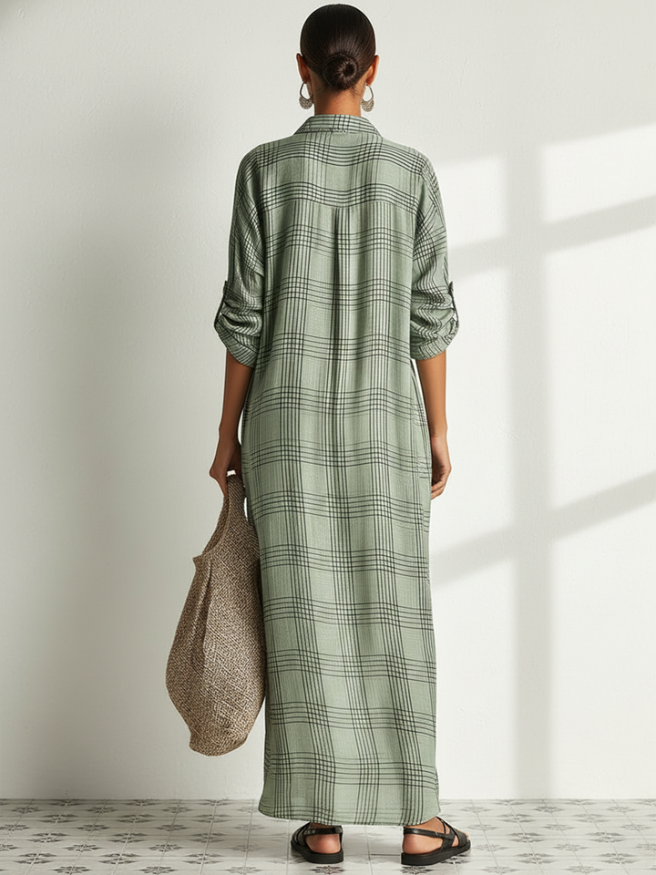 Plaid Cotton-Linen Shirt Midi Dress