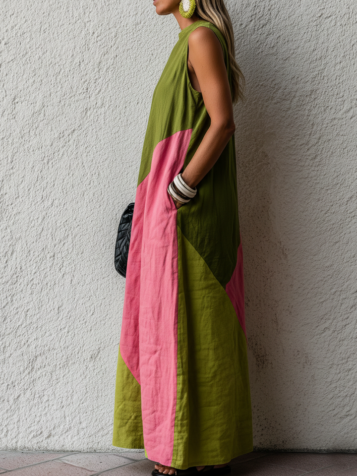 Retro Colorblock Cotton-Linen Maxi Dress