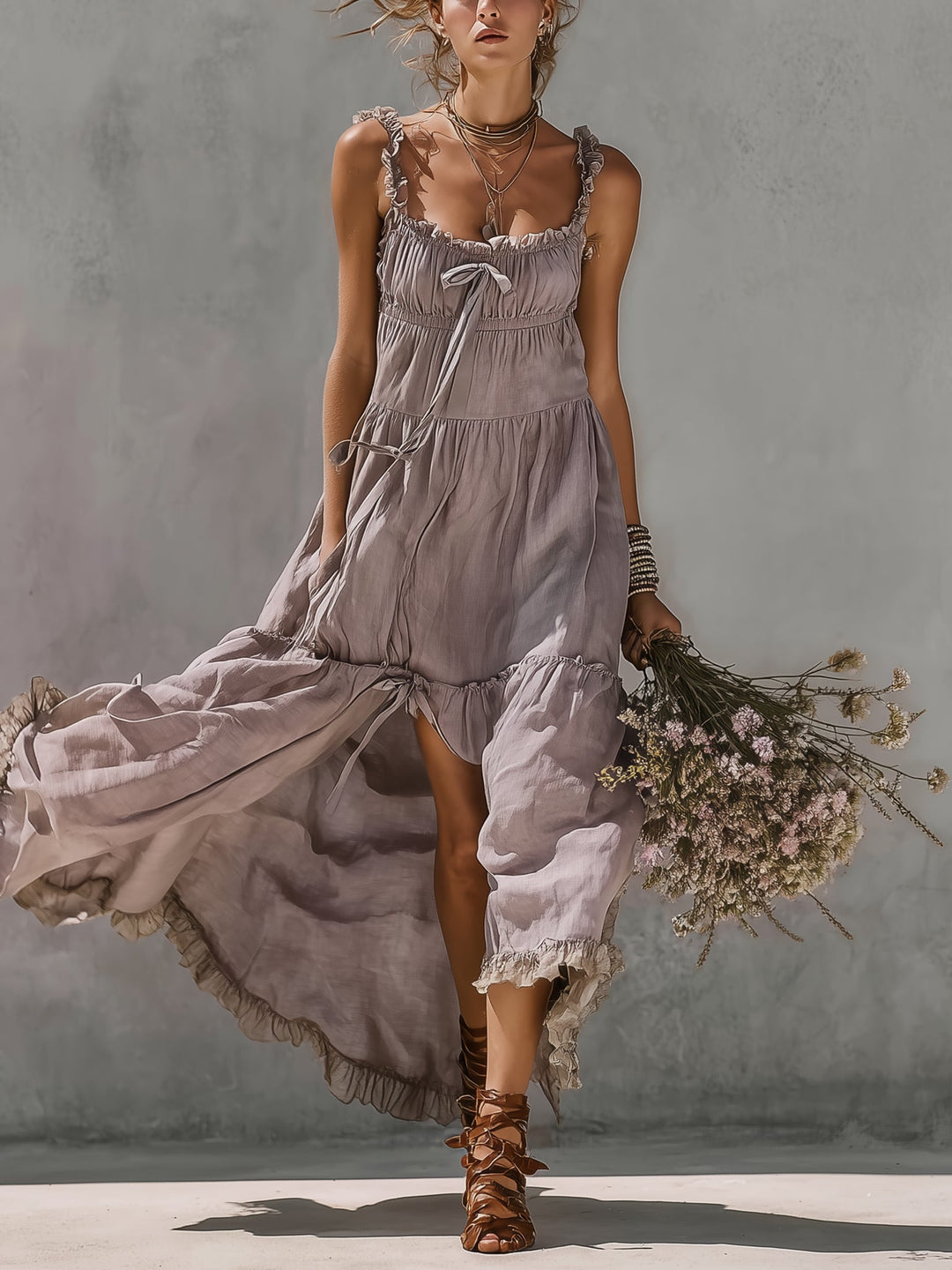 Lace Trim Linen Maxi Dress
