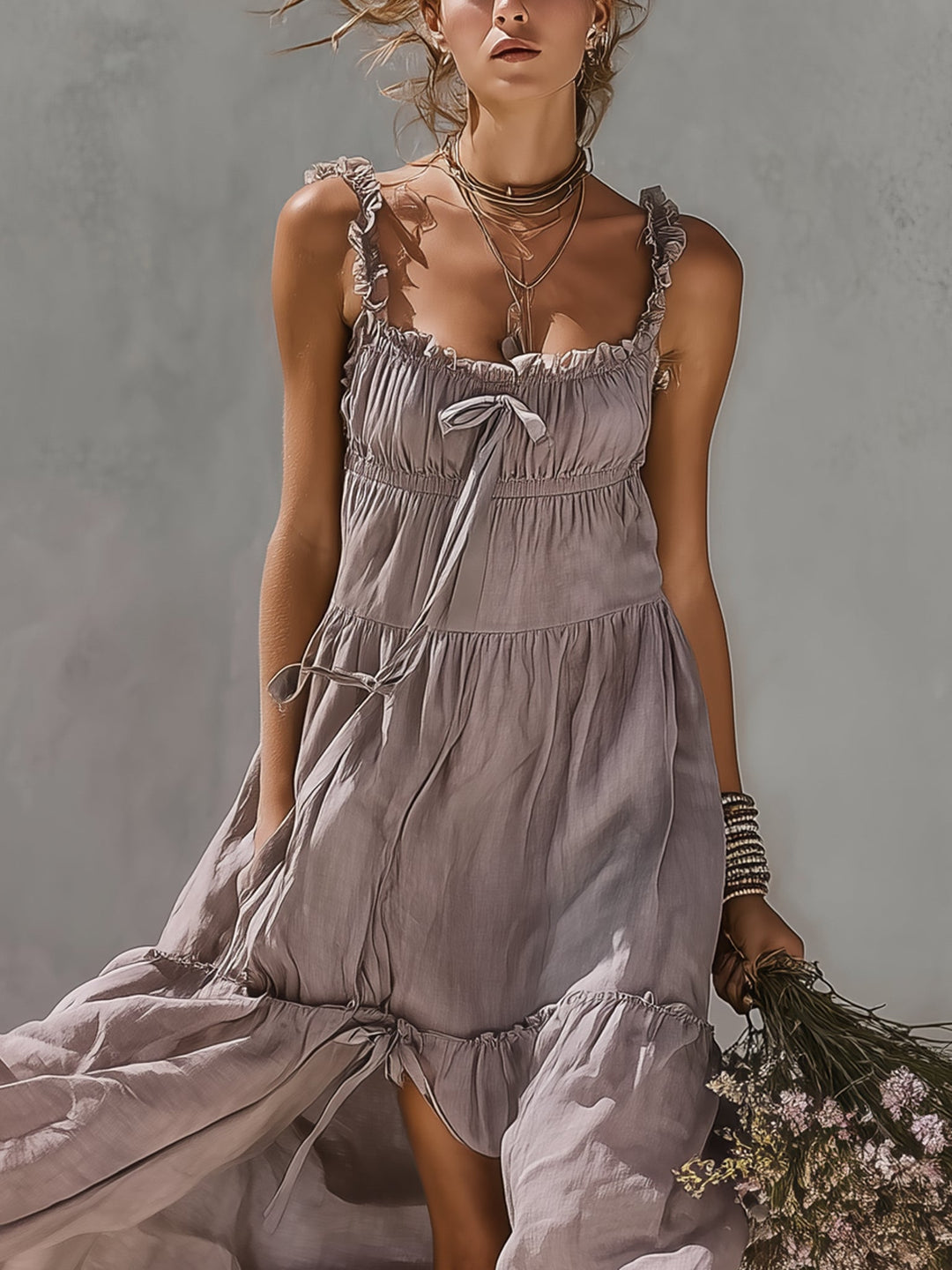 Lace Trim Linen Maxi Dress